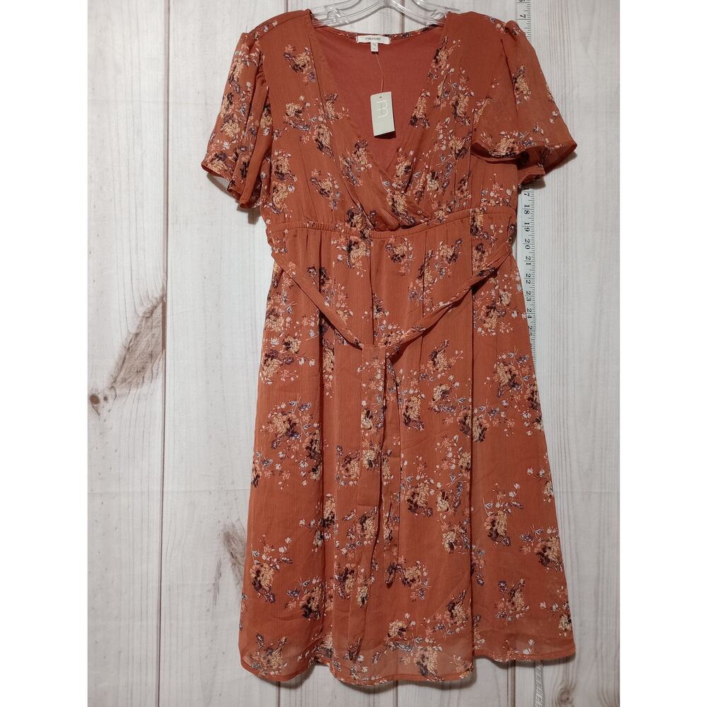 Maurices Dress Womens Small Orange Floral Chiffon Short Sleeve Midi‎ Wrap Style